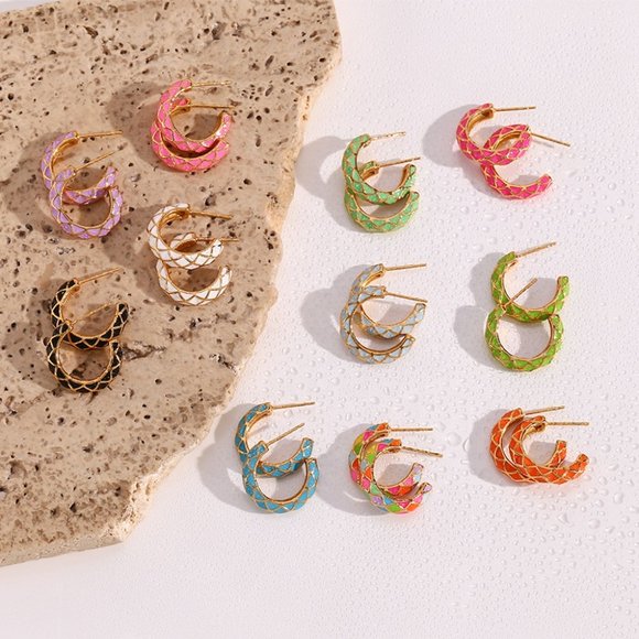 Multi Color Geometric Pattern‎ Hoop Earrings 18K Gold Plated Stainless - Picture 6 of 7